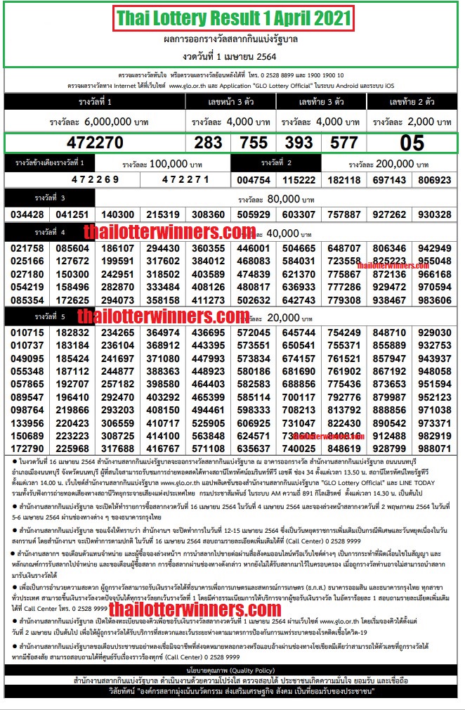 Thai lottery result 1 April 2021